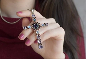 NICKY BUTLER Designer NB 925 Sterling Silver Amethyst Cross Pendant Necklace NWT - Picture 1 of 8