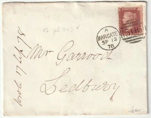 1878 KENT - MARGATE DUPLEX V.SCARCE 1d PIASTRA 203 COPERTINA A LEDBURY HEREFORDSHIRE - Foto 1 di 3