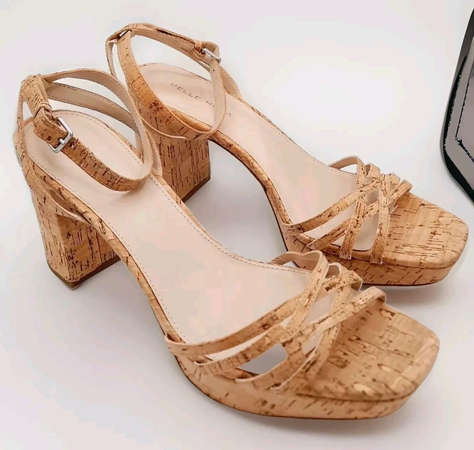 PELLE MODA  Natural Cork Platform Block Chunky Strappy Heel Sandals Sz 9.5 XLNT - Image 1 of 4