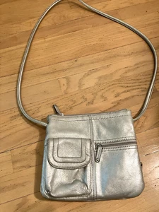 Tignanello Pebbled Leather Metallic Silver Medium Size Hobo Crossbody Bag - Picture 1 of 8