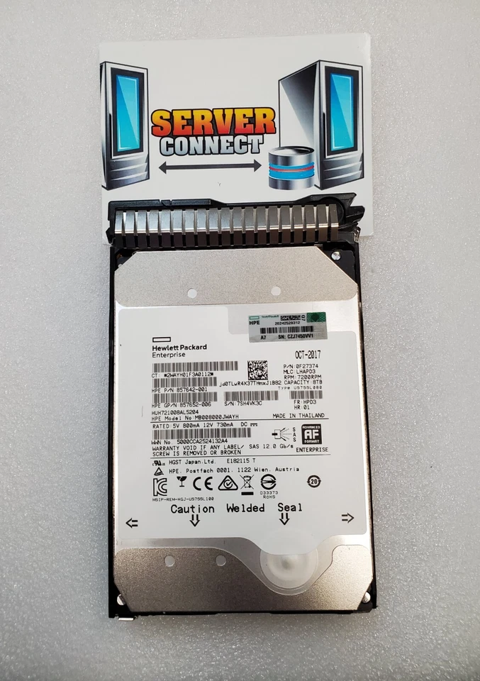 857642-001 -- HP 8TB 12G 7.2K SAS 3.5" SC 512e HELIUM HDD -- MB008000JWAYH - Image 1 of 1