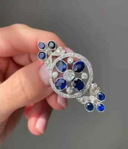 Broche prendedor único antiguo corte mina creado en laboratorio diamante y zafiro en plata 925 - Imagen 1 de 4