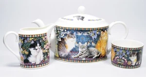 Danbury Mint Lesley Anne Bone China Lesley's Cats Teapot Cream Jug & Sugar Bowl - Picture 1 of 6