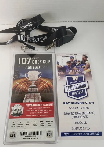 Official 107th Grey Cup Ticket w/ lanyard  & Touchdown Manitoba Ticket Winnipeg Cover