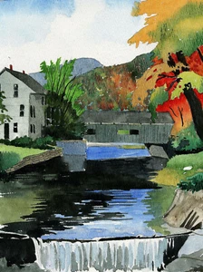 Warren Covered Bridge, Mad River Waterfall Vermont. Fall portrait. Art notecards - Picture 1 of 2