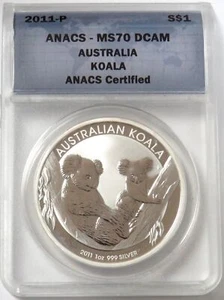 2011 P SILVER AUSTRALIA $1 KOALA 1 OZ COIN ANACS MS 70 DCAM - Picture 1 of 2