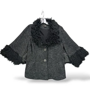 Radzoli Y2K 2000s VTG Jacket XL Button Cape Shawl Poncho Faux Fur Gray Lined - Picture 1 of 19