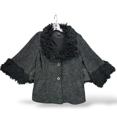 Radzoli Y2K 2000s VTG Jacket XL Button Cape Shawl Poncho Faux Fur Gray Lined - Image 1 of 4