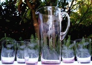 RARE Vintage SASAKI Japan (6Pc) PINK CRYSTAL Wheat Jug & Glasses VG Collectable - Picture 1 of 10