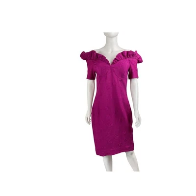 Vintage 80s Union Made ILGWU Purple Cocktail Dress Ruffle Neckline - Image 1 of 4
