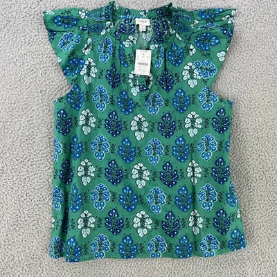 Camisa J.Crew Mujer Pequeña Verde Azul Floral Manga Acampanada Volantes Cuello CI310 Foto 1 de 4
