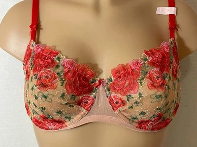 $64 VICTORIA'S SECRET 32DDD BRA Push-up Without Padding Red Rose Beige Cutout - Image 1 of 4