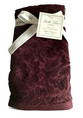 Bella Luxe Embossed Hand Towels Velour Burgundy Christmas Holiday Set 2 Turkish - Image 1 of 4