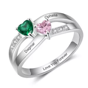 Personalized Mother's Day Mom Ring 2 Names & 2 Birthstones 925 Sterling Silver - Picture 1 of 7