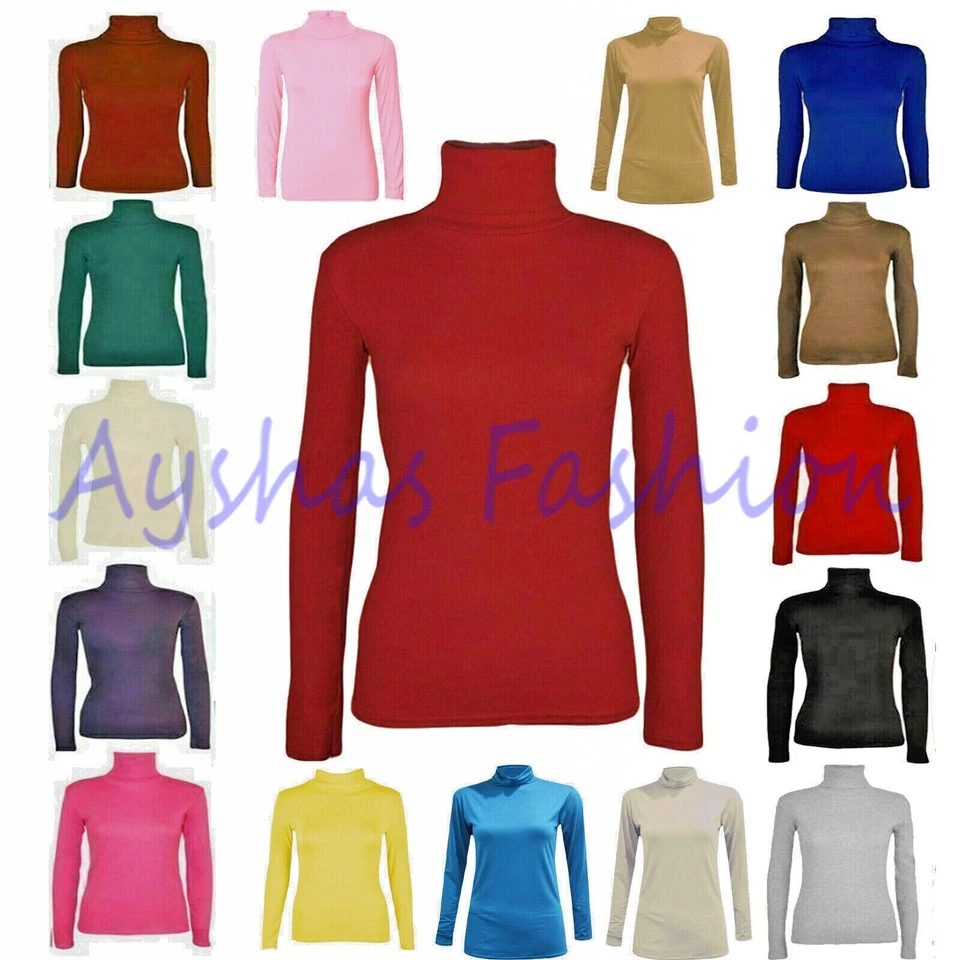 LADIES LONG SLEEVE POLO NECK ROLL NECK TOP WOMENS TURTLE NECK PLAIN JUMPER 8-26 - Image 1 of 1