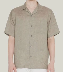 $165 Theory Men's Beige Noll Short Sleeve Linen Camp Shirt Size Large - Picture 1 of 3