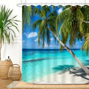 ZXMBF Ocean Shower Curtain Palm Trees Beach Summer Seaside Tropical Island Coast - Picture 1 of 7