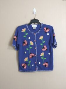 VTG Womens Ladybug Cardigan M Blue Flowers Granny Cottagecore Garden 90s Retro