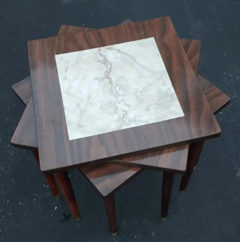 VTG Nesting Stacking Tables Set Of 3 Formica Faux Marble Wood Taper Legs Cover