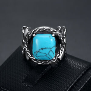 Retro Punk for Men Stainless Steel Blue Agate Gemstone Rings 7-15 Size Silver