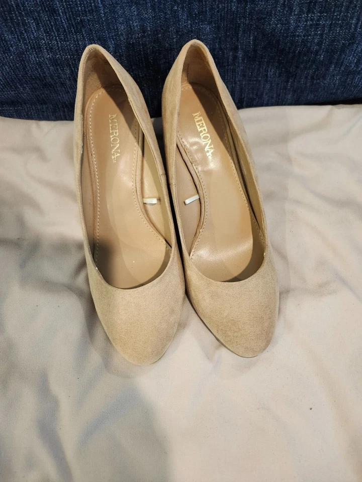 MERONA TAN WEDGE HEELS DRESS SUEDE SHOES - Image 1 of 2