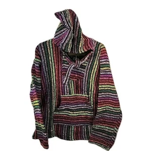 Artesanias Unisex Hoodie Large Bright Colorful Stripes Boho Hippie Aztec Neon - Picture 1 of 11