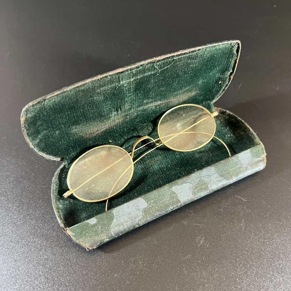 Anteojos antiguos ovalados con borde de alambre de color dorado con estuche original - Gafas Foto 1 de 4