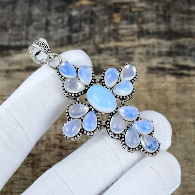 Ciondolo A Croce In Opale Latteo In Argento Sterling 925 Fatto A Mano Collana - Immagine 1 di 4