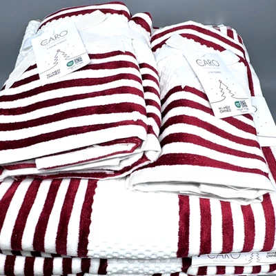 6pc Caro Christmas Red White Stripe Bath Hand Tip Towel Set Luxury Velour Cotton - Image 1 of 4