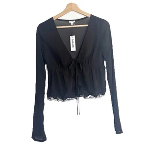 NWT Garage Georgette Lace Trim Front Tie Black Sz XS - Picture 1 of 15