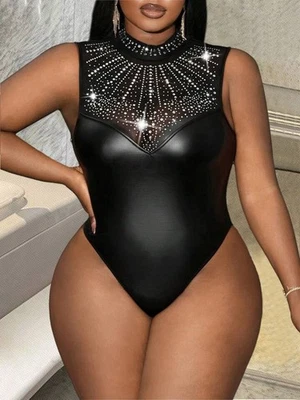 BODY WET Look Cuero PU Negro Borde de Estrás Teddy Vixen PLUS 3X 3XL NUEVO Foto 1 de 4