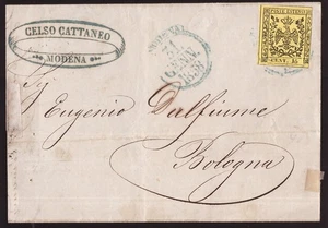 Italia Modena, 15 c. giallo su lettera del 1858 per Bologna -HB55 - Picture 1 of 3