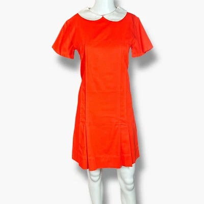 Vintage 60s Womens Dress Peter Pan Collar Bright Orange Mod MCM Pleated Preppy M - Image 1 of 4