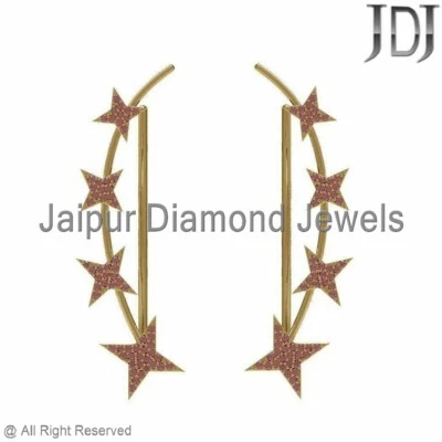 1.26ct Pave Ruby 14k Yellow Gold Star Ear Pin Cuff Earrings Wedding Gift Jewelry - Image 1 of 3