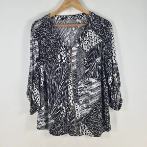 Ellen tracy womens blouse top size 18 black geometric 3/4 sleeve zip 087007 - Picture 1 of 9
