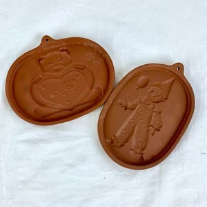 2 Cookie Molds Carrousel Friendship Clown Teddy Bear Wall Decor Red Ware Pottery - Picture 1 of 10
