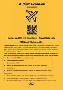 Europe and UK Travel Data eSim (30+ Countries) 20GB with 90day validity airsims - Picture 1 of 1