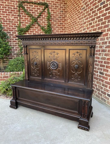 Antique Italian Bench Settee Entry Hall Foyer Renaissance Revival Oak 19th C Cover