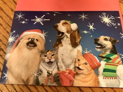 10 Christmas Note Cards Red Envelope Pomeranian Basset Hound Wire Terrier Cat - Image 1 of 4