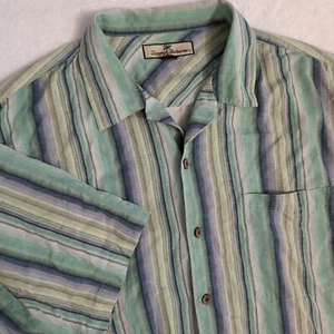 Camisa Hawaiana Vintage Tommy Bahama 100% Seda Talla L Multicolor Verde Rayas - Imagen 1 de 8