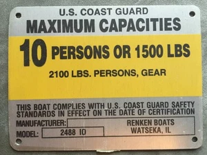 United Marine Corp Boat Capacity Plate~Tag~10 Person or 1500 Lbs~Renken 2488 IO - Picture 1 of 1