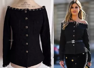 NEW CHANEL 21A BLACK CC GRIPOIX BUTTONS FLORAL JACQUARD OFF SHOULDER JACKET 36 - Picture 1 of 24