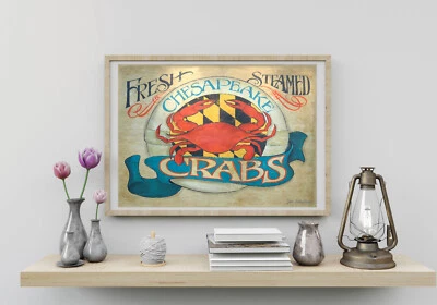Chesapeake Bay Crab Wall Art Print | Maryland Vintage Style Decor | Seafood Art - Image 1 of 4
