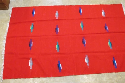 Vtg Mexican Blanket Go Londrina thunderbird  knit artisan Handwoven Rug Red - Image 1 of 4