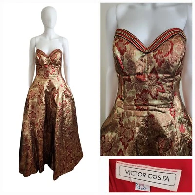 Victor Costa 1980's Gold Red Lame Brocade Strapless Holiday Evening Gown Dress M - Image 1 of 4