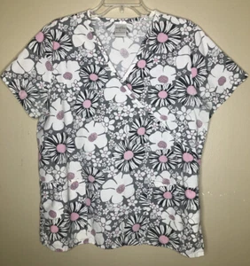 Blusa Médica Gris Floral GRANDE Mangas Cortas Parche Frontal Bolsillos Ventilaciones Laterales Pull-On - Imagen 1 de 5