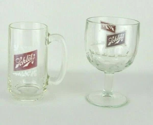Set of 2 Schlitz Beer Vintage Clear Thumbprint Goblet & Clear Beer Heavy Mug Cup - Picture 1 of 12