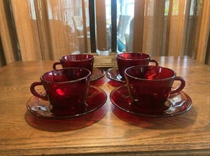 Vintage ANCHOR HOCKING Depression Glass ROYAL RUBY Red  - 4 Cup & Saucer Sets - Picture 1 of 4