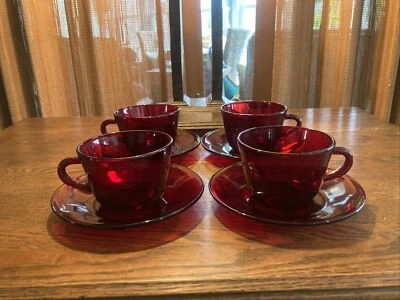 Vintage ANCHOR HOCKING Depression Glass ROYAL RUBY Red  - 4 Cup & Saucer Sets - Image 1 of 4