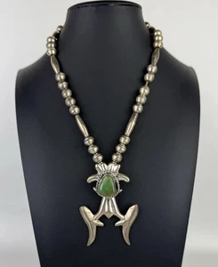 Native American Sterling Turquoise Pendant Necklace Frog Noja Squash Blossom 53g - Picture 1 of 13